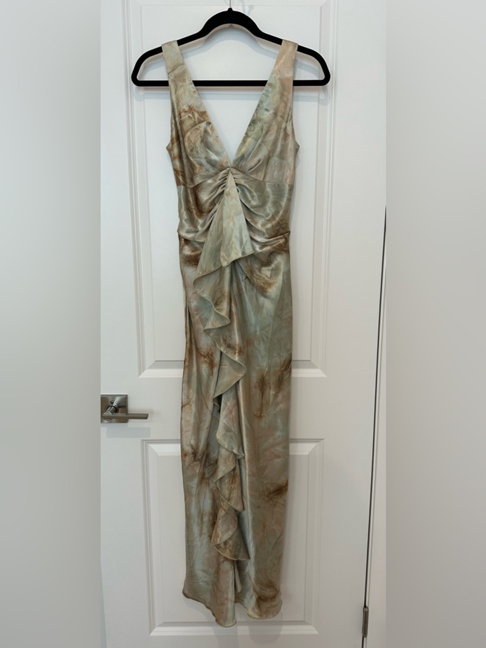 Rampage Sage and Taupe Satin V-Neck Ruffle Maxi Dress
